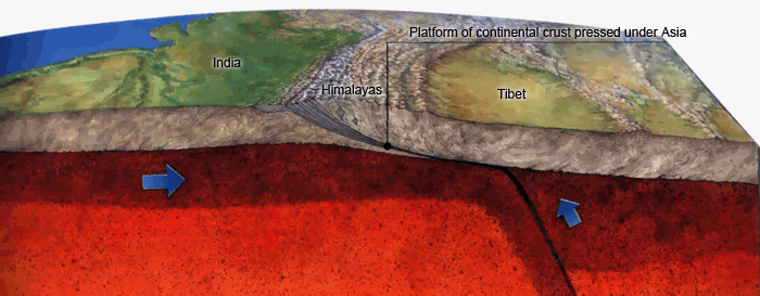 While India was moving towards Asia rocks collapsed into folds. One of them were pressing down, thus forming roots of the mountains, others were going up in the form of mountain ranges. The crust that was lying between two continents shortened on 2500 km and big platform of continental crust with the width about 290 km has probably crept in Asian platform thus raising Tibet. 